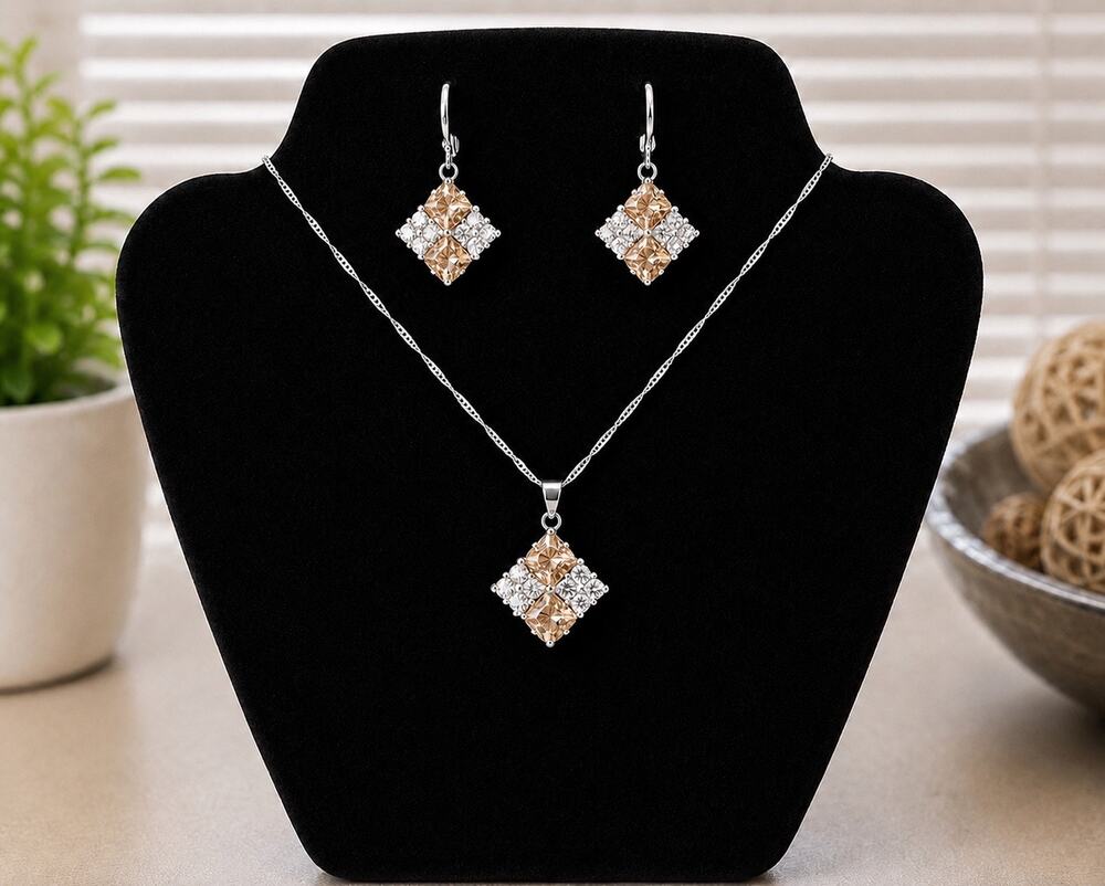Champagne Crystal Necklace & Earrings Set Silver Tone Geometric Jewelry